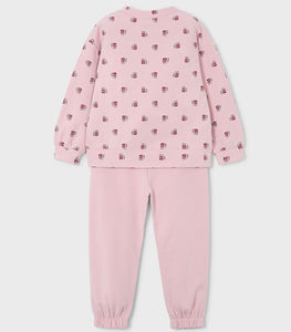 Girl's pink two piece tracksuit with printed long sleeved top and plain pink jog bottoms. Mayoral 4894 available on kidstuff.ie Back view