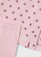 Load image into Gallery viewer, Girl&#39;s pink two piece tracksuit with printed long sleeved top and plain pink jog bottoms. Mayoral 4894 available on kidstuff.ie
