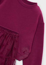 Load image into Gallery viewer, close up detail of girl's raspberry red sweatshirt and matching tulle tiered skirt
