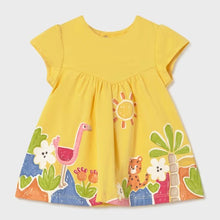 Load image into Gallery viewer, Yellow dress  for a baby girl with animal and nature-themed graphics . Mayoral 1817 baby dress available to buy on kidstuff.ie
