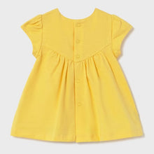 Load image into Gallery viewer, Yellow dress  for a baby girl with animal and nature-themed graphics . Mayoral 1817 baby dress available to buy on kidstuff.ie Back view
