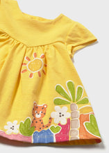 Load image into Gallery viewer, Yellow dress  for a baby girl with animal and nature-themed graphics . Mayoral 1817 baby dress available to buy on kidstuff.ie
