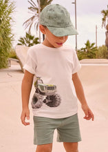 Load image into Gallery viewer, Child wearing a white t-shirt with a truck graphic and green shorts . Mayoral  3605 boys outfit available to buy on kidstuff.ie
