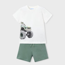 Load image into Gallery viewer,  white t-shirt with a truck graphic and green shorts . Mayoral  3605 boys outfit available to buy on kidstuff.ie
