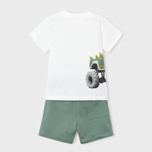 Load image into Gallery viewer,  white t-shirt with a truck graphic and green shorts . Mayoral  3605 boys outfit available to buy on kidstuff.ie Back View
