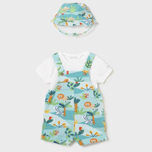 Load image into Gallery viewer, Baby boy short dungarees , tee shirt and matching hat.  mayoral 1639 turquoise baby short dungaree set available to buy on kidstuff.ie. Turquoise animal print baby 3 piece set
