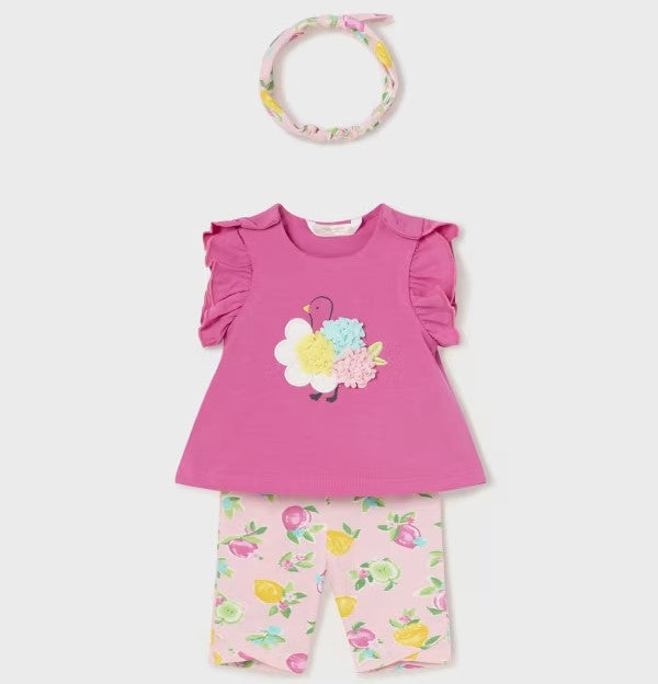 Baby girl pink top, print leggings and hairband set. Mayoral 1792 available to buy on kidstuff.ie