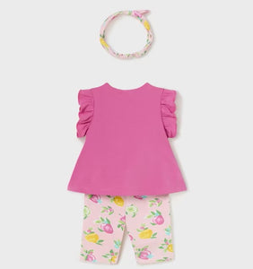Baby girl pink top, print leggings and hairband set. Mayoral 1792 available to buy on kidstuff.ie Back view
