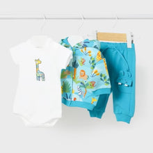 Load image into Gallery viewer, baby 3 piece jog suit with animal printed jacket, plain bottoms and tee shirt. Mayoral 1817 available to buy on kidstuff.ie baby tracksuit in turquoise cotton jersey
