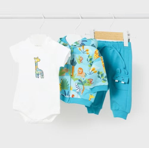 baby 3 piece jog suit with animal printed jacket, plain bottoms and tee shirt. Mayoral 1817 available to buy on kidstuff.ie baby tracksuit in turquoise cotton jersey