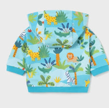 Load image into Gallery viewer, baby 3 piece jog suit with animal printed jacket, plain bottoms and tee shirt. Mayoral 1817 available to buy on kidstuff.ie baby tracksuit in turquoise cotton jersey. Jacket back view
