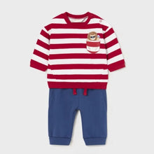Load image into Gallery viewer, baby jog suit with red and white sweatshirt and plain blue jog bottoms. Mayoral baby track suit available to buy on kidstuff.ie

