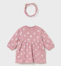 Load image into Gallery viewer, Baby girls pink long sleeved jersey dress with cream dot pattern and matching headband, Mayoral 2807 baby dress available on kidstuff.ie
