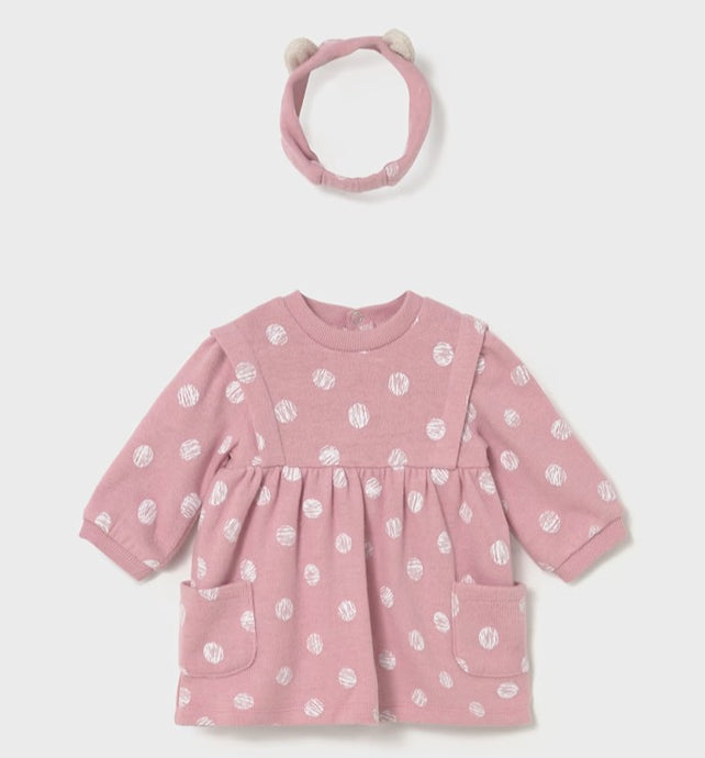 Baby girls pink long sleeved jersey dress with cream dot pattern and matching headband, Mayoral 2807 baby dress available on kidstuff.ie