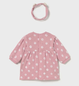 back view of Baby girls pink long sleeved jersey dress with cream dot pattern and matching headband, Mayoral 2807 baby dress available on kidstuff.ie