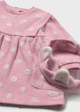 Load image into Gallery viewer, Baby girls pink long sleeved jersey dress with cream dot pattern and matching headband, Mayoral 2807 baby dress available on kidstuff.ie
