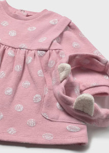 Baby girls pink long sleeved jersey dress with cream dot pattern and matching headband, Mayoral 2807 baby dress available on kidstuff.ie