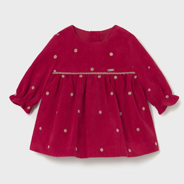 Red long sleeved velvet dress for a baby girl with gold/beige polka dots .Mayoral 2820 available on kidstuff.ie