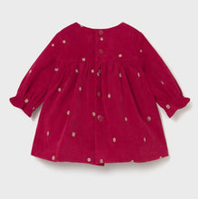 Load image into Gallery viewer, Back view Red long sleeved velvet dress for a baby girl with gold/beige polka dots .Mayoral 2820 available on kidstuff.ie
