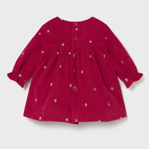 Back view Red long sleeved velvet dress for a baby girl with gold/beige polka dots .Mayoral 2820 available on kidstuff.ie