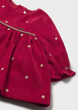 Load image into Gallery viewer, Red long sleeved velvet dress for a baby girl with gold/beige polka dots .Mayoral 2820 available on kidstuff.ie
