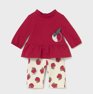 Red top for a baby girl with apple appliqué on the front  and cream pants with apple pattern . Mayoral 2634 baby girl outfit available on kidstuff.ie