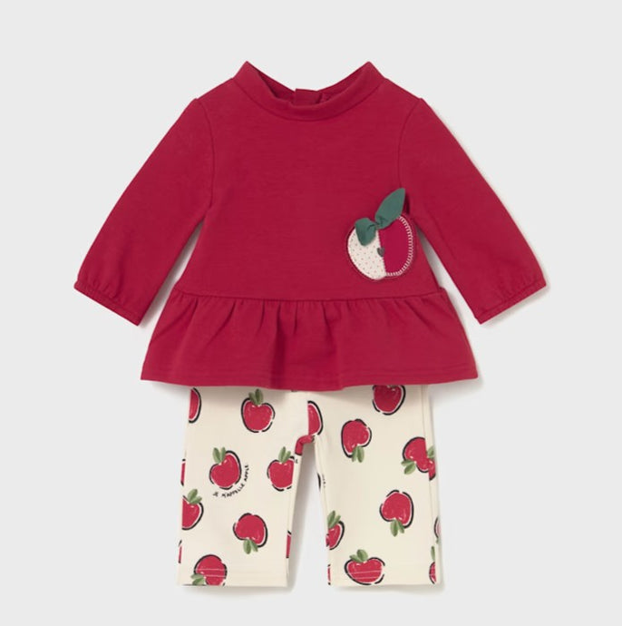 Red top for a baby girl with apple appliqué on the front  and cream pants with apple pattern . Mayoral 2634 baby girl outfit available on kidstuff.ie