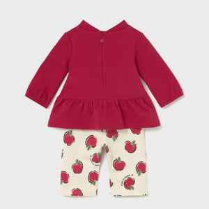 Back view of Red top for a baby girl with apple appliqué on the front  and cream pants with apple pattern . Mayoral 2634 baby girl outfit available on kidstuff.ie