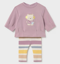 Load image into Gallery viewer, A toddler girl's two-piece knit outfit set in dusty mauve, featuring a long-sleeve top with a teddy bear applique and matching striped leggings.
