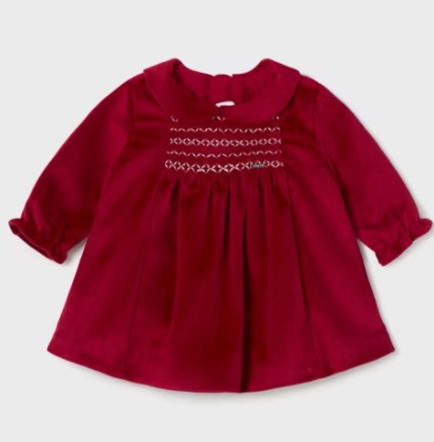 Red velvet baby dress with smocking detail. Mayoral 2804 baby dress available on kidstuff.ie