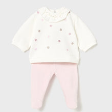 Load image into Gallery viewer, Baby girl&#39;s outfit with cream top with embroidered polka-dots and matching pink pants with feet in. Mayoral  2555 baby outfit available on kidstuff.ie
