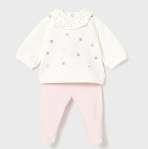 Baby girl's outfit with cream top with embroidered polka-dots and matching pink pants with feet in. Mayoral  2555 baby outfit available on kidstuff.ie