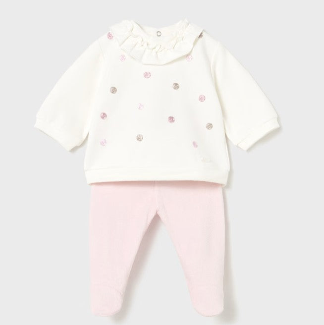 Baby girl's outfit with cream top with embroidered polka-dots and matching pink pants with feet in. Mayoral  2555 baby outfit available on kidstuff.ie