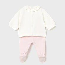 Load image into Gallery viewer, Back view of Baby girl&#39;s outfit with cream top with embroidered polka-dots and matching pink pants with feet in. Mayoral  2555 baby outfit available on kidstuff.ie
