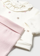 Load image into Gallery viewer, Baby girl&#39;s outfit with cream top with embroidered polka-dots and matching pink pants with feet in. Mayoral  2555 baby outfit available on kidstuff.ie
