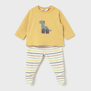 baby's yellow  long sleeved top with cute dinosaur appliqué on the front and matching striped leggings with feet in. Mayoral 2566 baby outfit available on kidstuff.ie