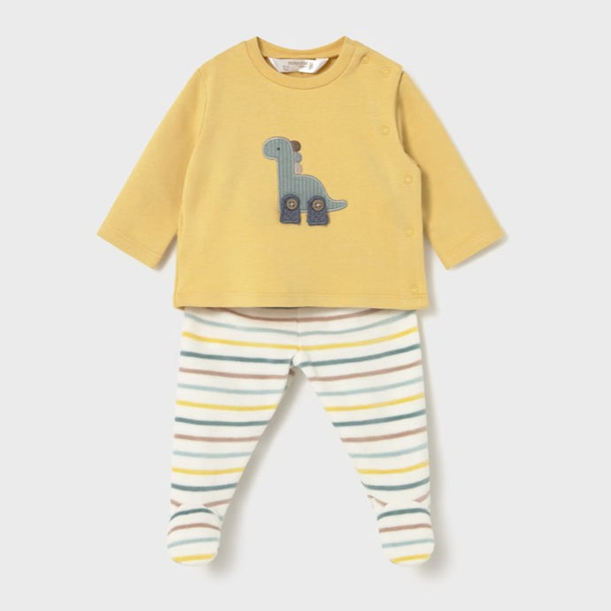 baby's yellow  long sleeved top with cute dinosaur appliqué on the front and matching striped leggings with feet in. Mayoral 2566 baby outfit available on kidstuff.ie