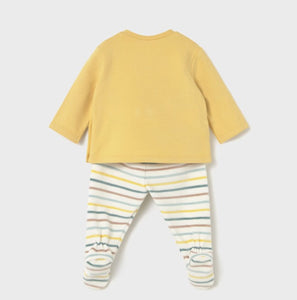 baby's yellow  long sleeved top with cute dinosaur appliqué on the front and matching striped leggings with feet in. Mayoral 2566 baby outfit available on kidstuff.ie Back view