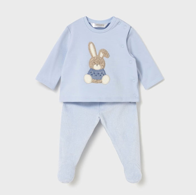 Baby boy's sky blue two piece outfit with long sleeved top and bunny rabbit appliqué. Matching sky blue bottoms with feet in . Mayoral 2566 available on kidstuff.ie
