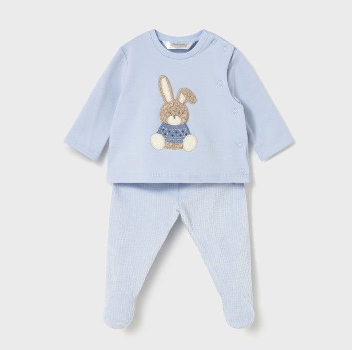 Baby boy's sky blue two piece outfit with long sleeved top and bunny rabbit appliqué. Matching sky blue bottoms with feet in . Mayoral 2566 available on kidstuff.ie
