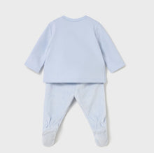 Load image into Gallery viewer, Baby boy&#39;s sky blue two piece outfit with long sleeved top and bunny rabbit appliqué. Matching sky blue bottoms with feet in . Mayoral 2566 available on kidstuff.ie Back view
