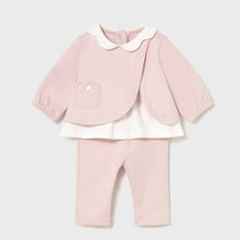 Load image into Gallery viewer, Pink baby outfit with a jacket  with mock cream top detail and matching pink pants . Mayoral 2707 available on kidstuff.ie
