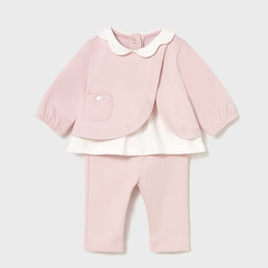 Pink baby outfit with a jacket  with mock cream top detail and matching pink pants . Mayoral 2707 available on kidstuff.ie