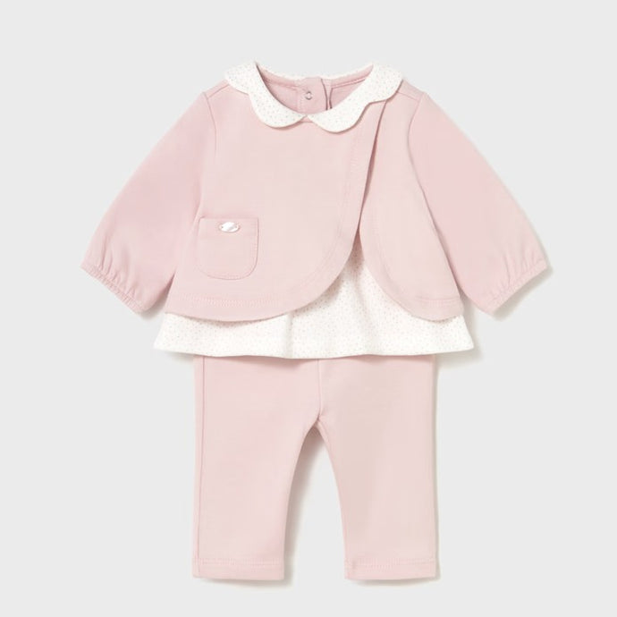 Pink baby outfit with a jacket  with mock cream top detail and matching pink pants . Mayoral 2707 available on kidstuff.ie