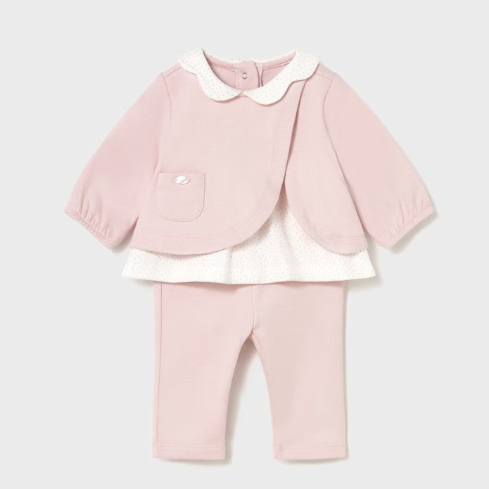 Pink baby outfit with a jacket  with mock cream top detail and matching pink pants . Mayoral 2707 available on kidstuff.ie