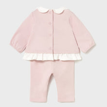 Load image into Gallery viewer, Back view of Pink baby outfit with a jacket  with mock cream top detail and matching pink pants . Mayoral 2707 available on kidstuff.ie
