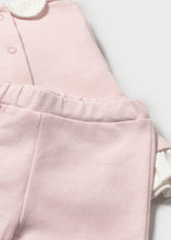 Load image into Gallery viewer, Pink baby outfit with a jacket  with mock cream top detail and matching pink pants . Mayoral 2707 available on kidstuff.ie
