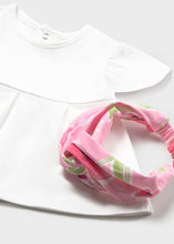 Load image into Gallery viewer, White top, pink floral leggings, and headband . Mayoral 1735 pink outfit for a baby available to buy on kidstuff.ie

