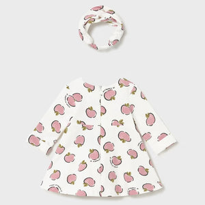 Baby dress with pink apple pattern on cream and matching headband . Mayoral 2827 baby dress se available on kidstuff.ie Back view