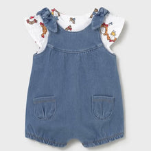 Load image into Gallery viewer, Blue denim romper with bows on the shoulder  and pockets with a white printed top for a baby. Mayoral 1649 baby girl's romper set available to buy on kidstuff.ie
